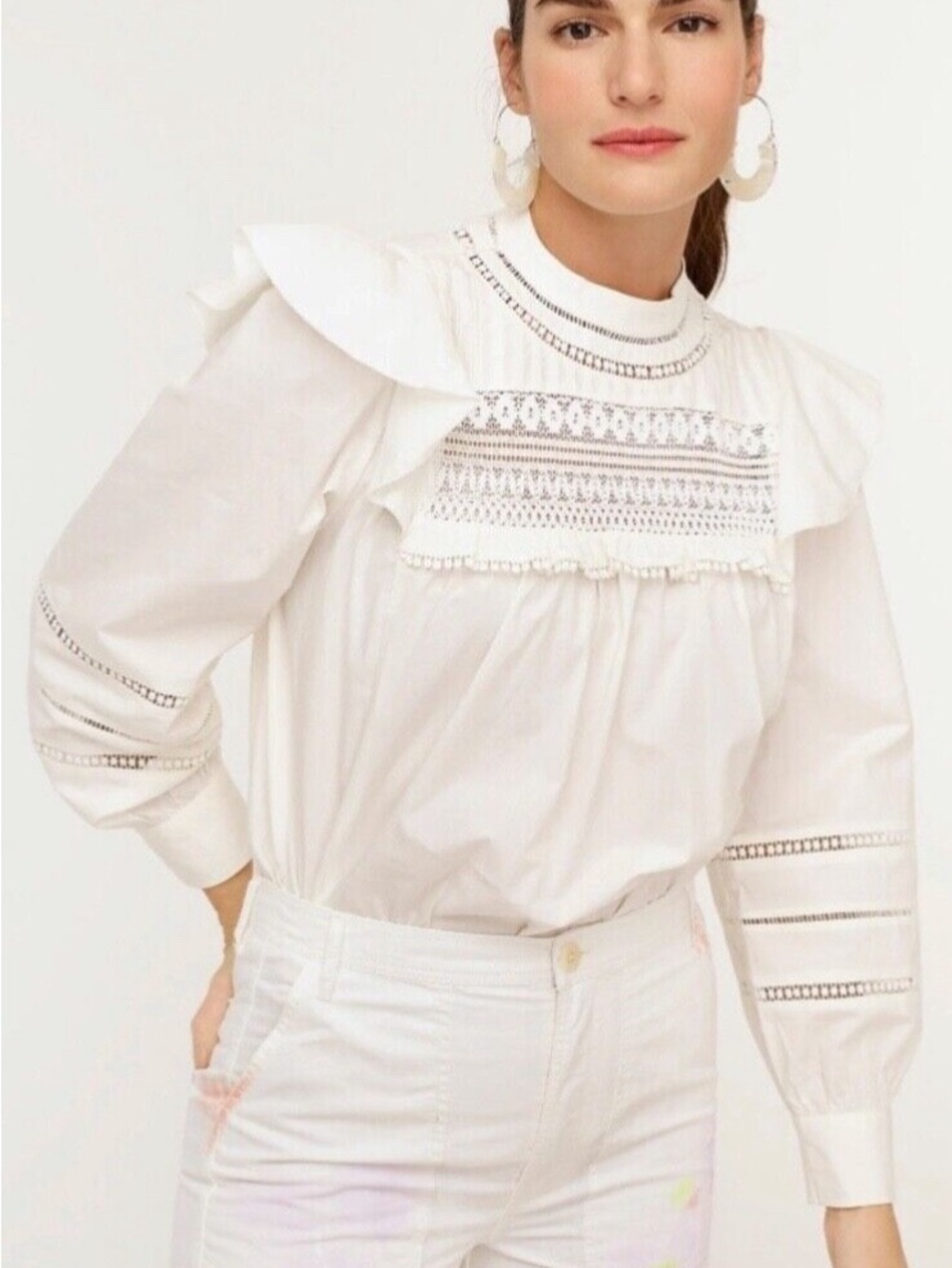 J. Crew White Lace-Yoke Ruffle Shoulder Blouse